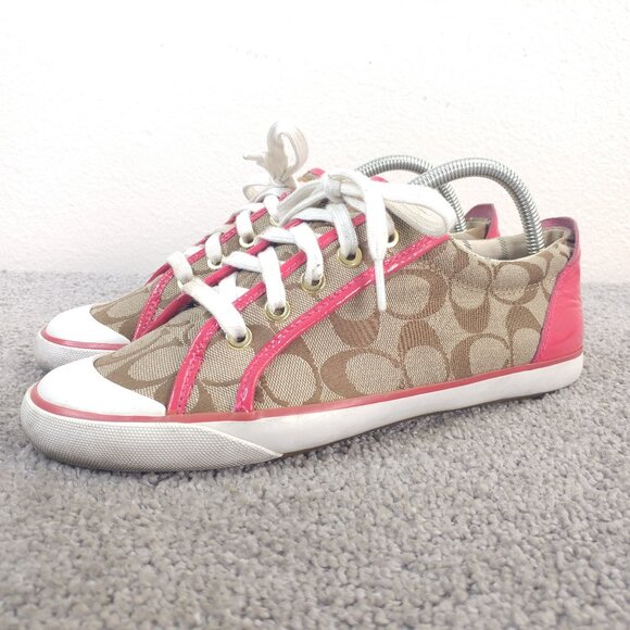 Coach Tennis Shoes Womens Size 9 Sneakers Pink Brown Designer Signature Logo - Picture 1 of 12